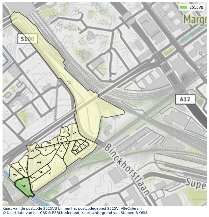 Afbeelding van het postcodegebied 2515 VB op de kaart.