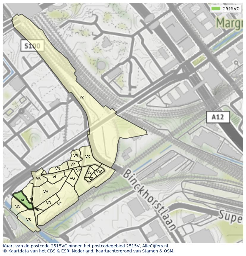 Afbeelding van het postcodegebied 2515 VC op de kaart.