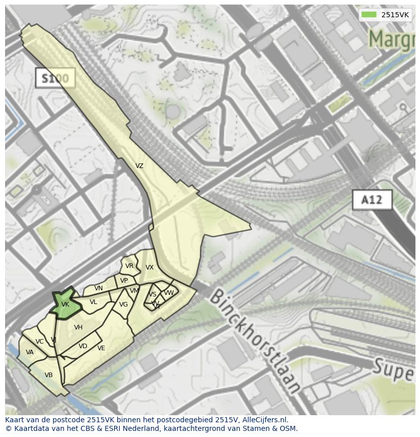 Afbeelding van het postcodegebied 2515 VK op de kaart.