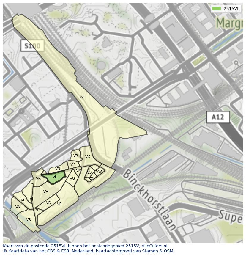 Afbeelding van het postcodegebied 2515 VL op de kaart.