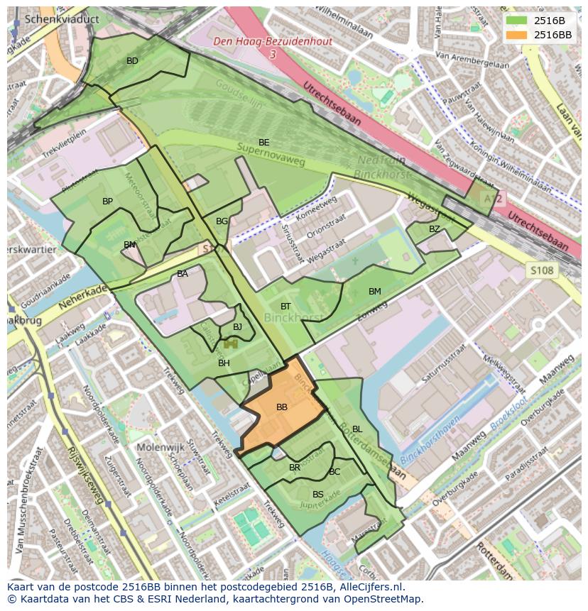 Afbeelding van het postcodegebied 2516 BB op de kaart.