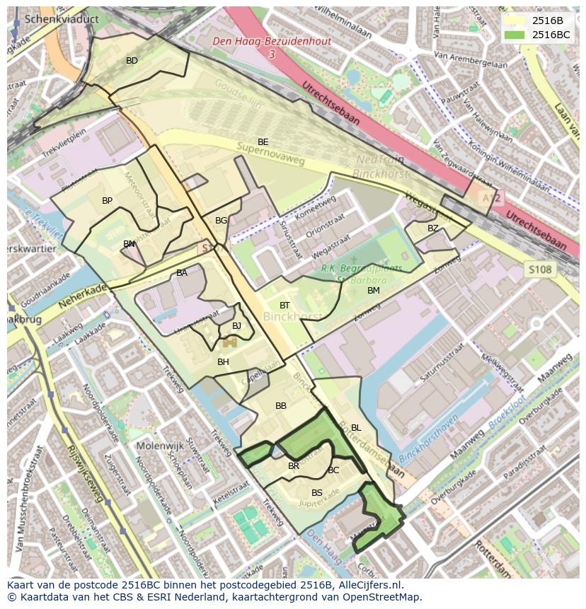 Afbeelding van het postcodegebied 2516 BC op de kaart.