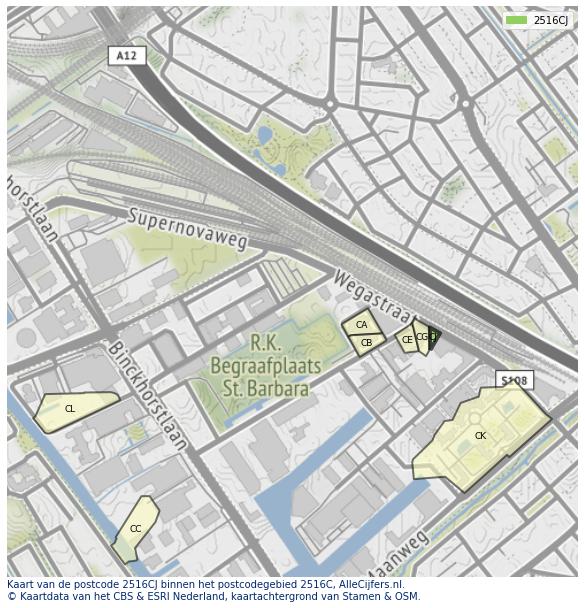 Afbeelding van het postcodegebied 2516 CJ op de kaart.