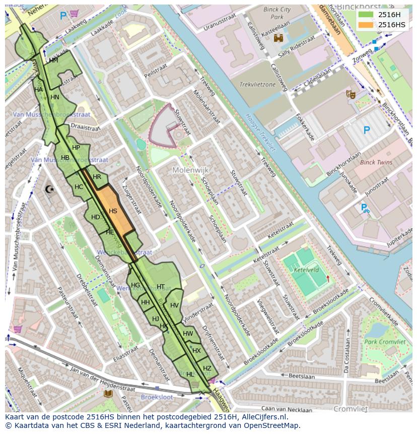 Afbeelding van het postcodegebied 2516 HS op de kaart.