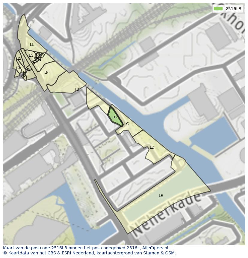 Afbeelding van het postcodegebied 2516 LB op de kaart.