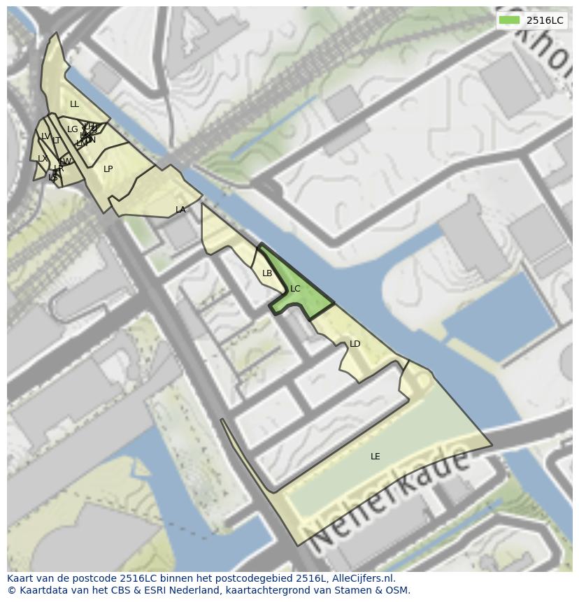 Afbeelding van het postcodegebied 2516 LC op de kaart.