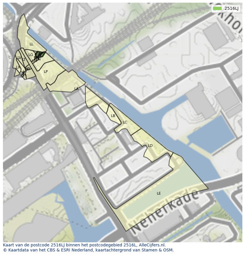 Afbeelding van het postcodegebied 2516 LJ op de kaart.