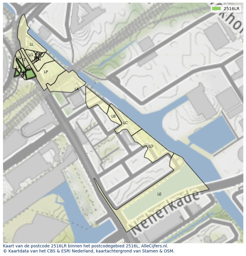 Afbeelding van het postcodegebied 2516 LR op de kaart.