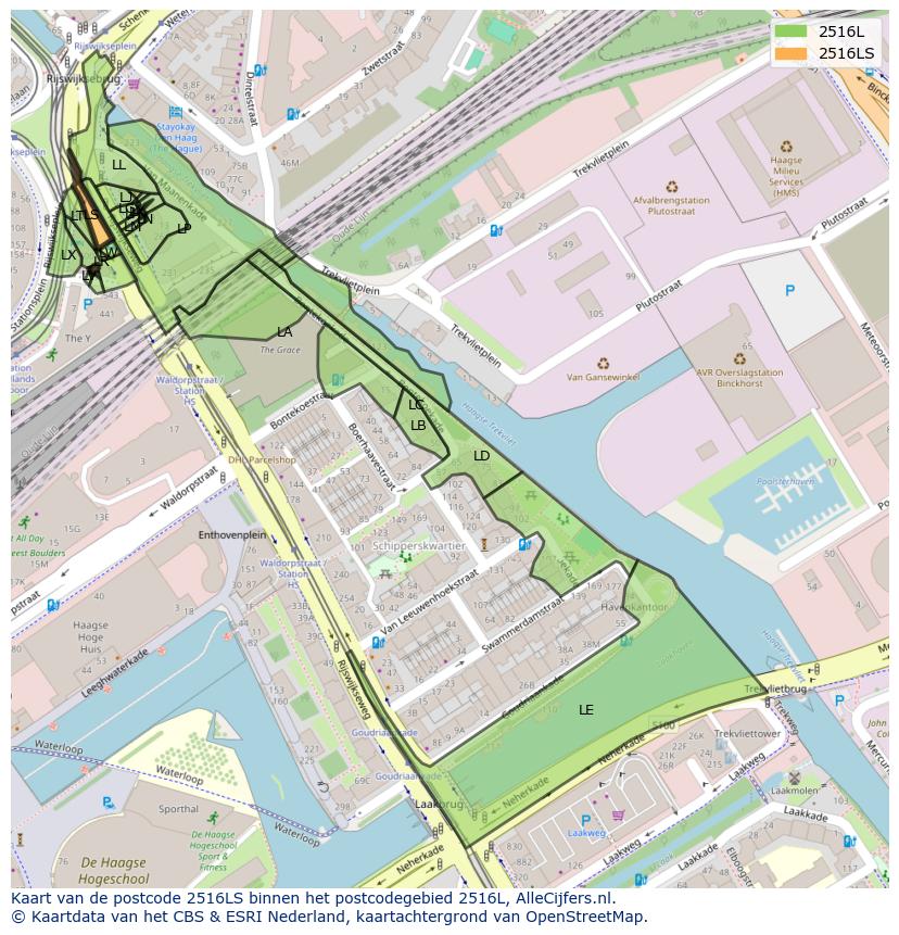 Afbeelding van het postcodegebied 2516 LS op de kaart.