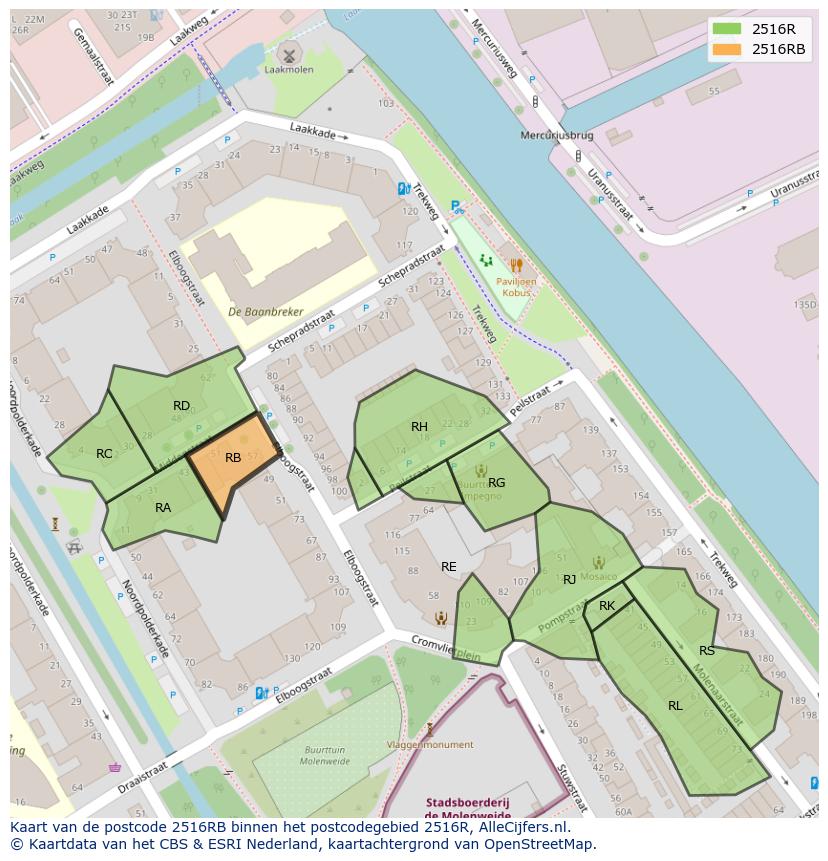 Afbeelding van het postcodegebied 2516 RB op de kaart.