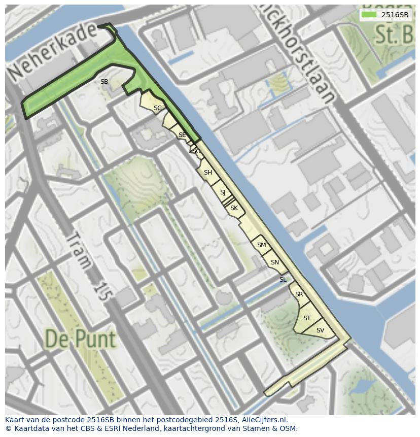 Afbeelding van het postcodegebied 2516 SB op de kaart.