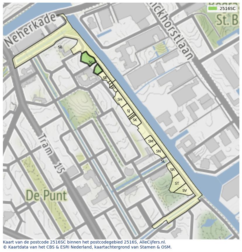 Afbeelding van het postcodegebied 2516 SC op de kaart.