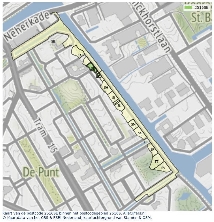 Afbeelding van het postcodegebied 2516 SE op de kaart.