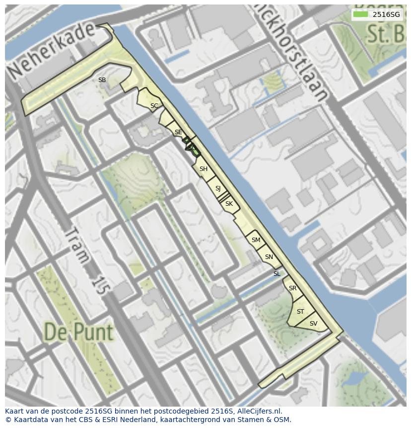 Afbeelding van het postcodegebied 2516 SG op de kaart.