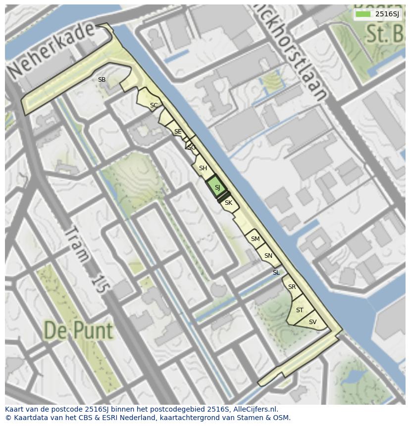 Afbeelding van het postcodegebied 2516 SJ op de kaart.
