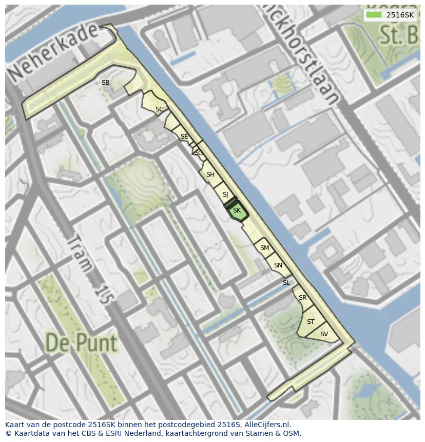 Afbeelding van het postcodegebied 2516 SK op de kaart.
