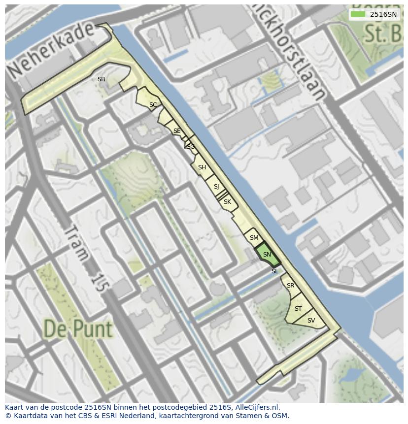 Afbeelding van het postcodegebied 2516 SN op de kaart.