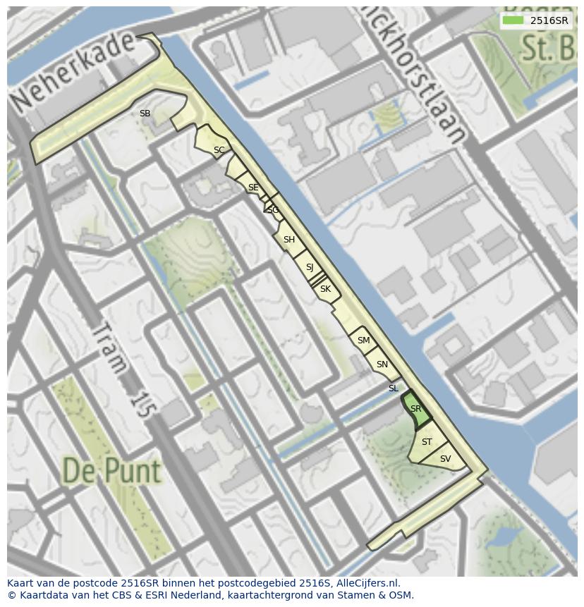 Afbeelding van het postcodegebied 2516 SR op de kaart.