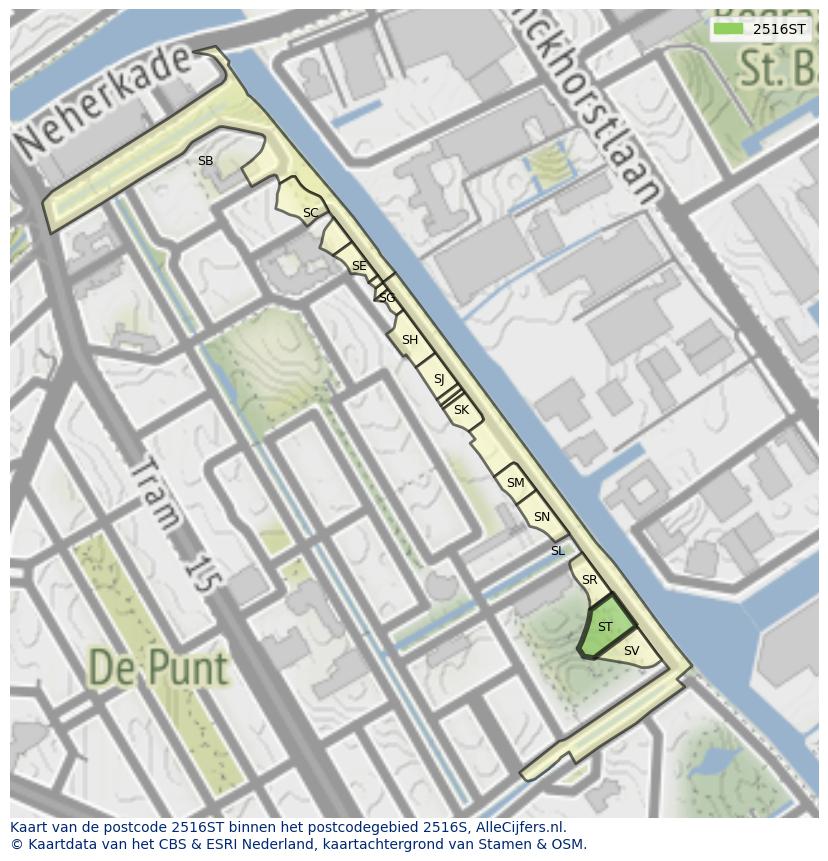 Afbeelding van het postcodegebied 2516 ST op de kaart.