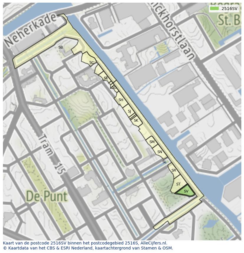 Afbeelding van het postcodegebied 2516 SV op de kaart.