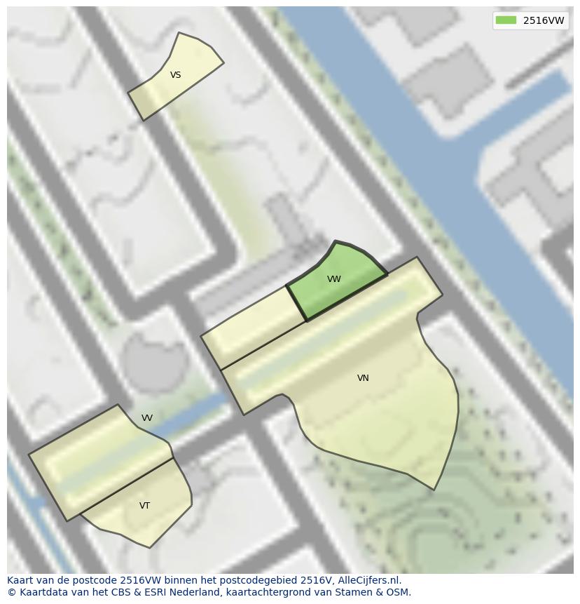 Afbeelding van het postcodegebied 2516 VW op de kaart.