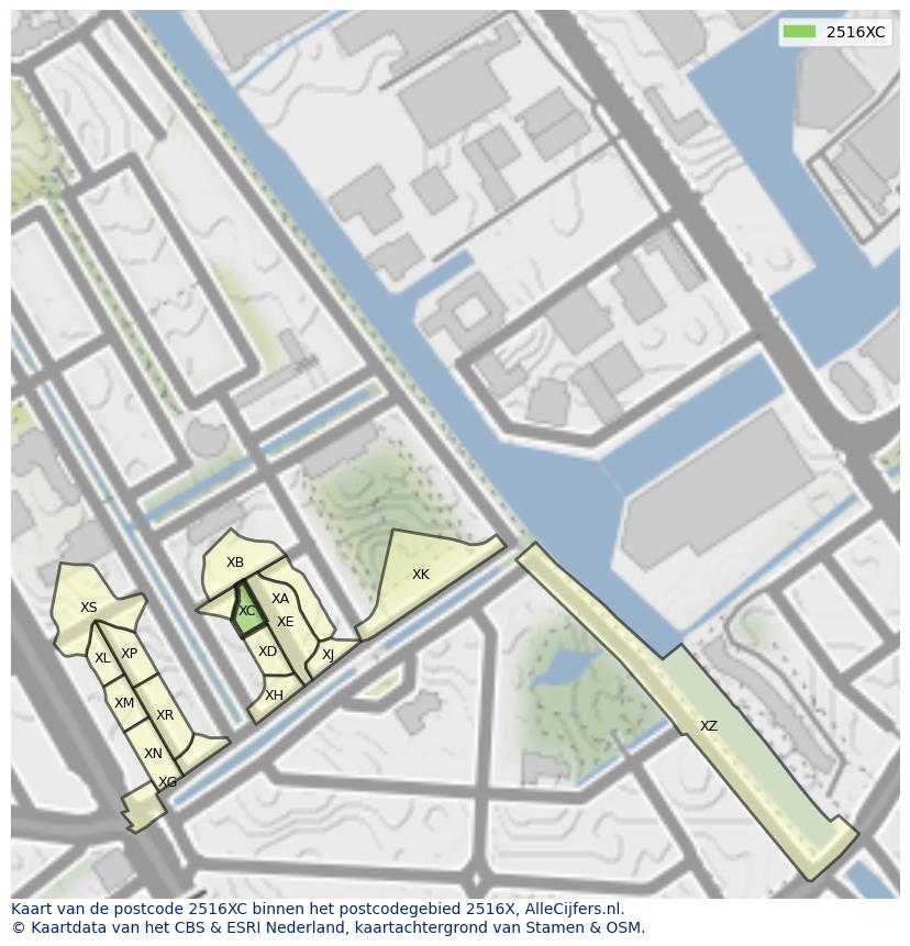 Afbeelding van het postcodegebied 2516 XC op de kaart.