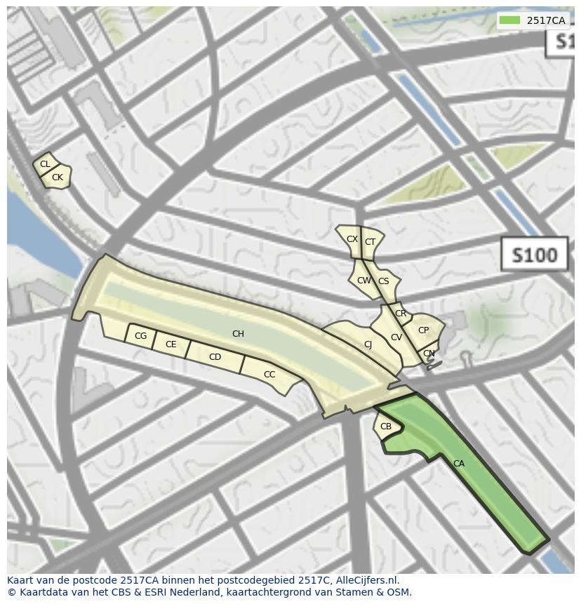 Afbeelding van het postcodegebied 2517 CA op de kaart.