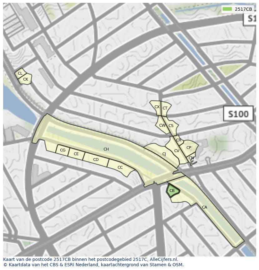 Afbeelding van het postcodegebied 2517 CB op de kaart.