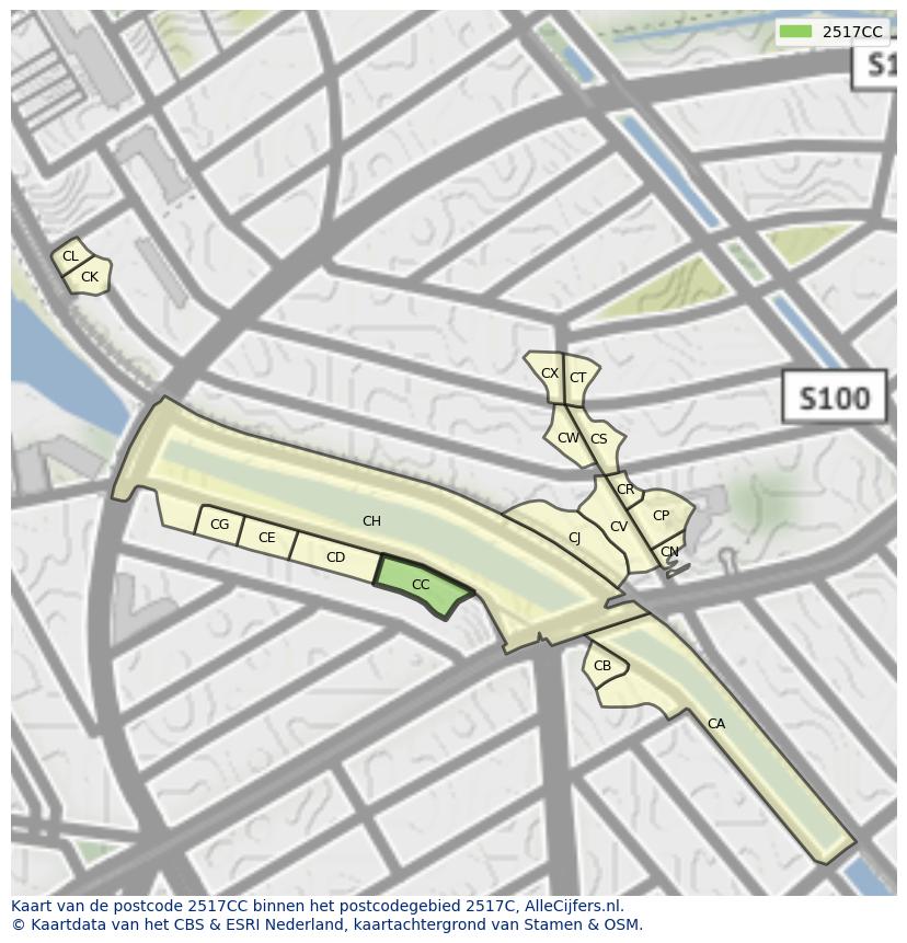 Afbeelding van het postcodegebied 2517 CC op de kaart.
