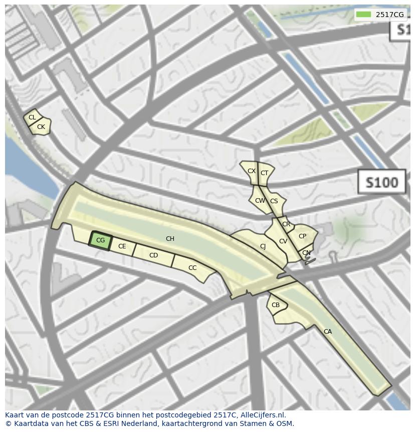 Afbeelding van het postcodegebied 2517 CG op de kaart.