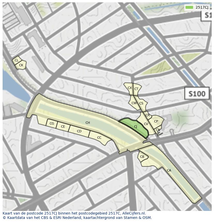 Afbeelding van het postcodegebied 2517 CJ op de kaart.