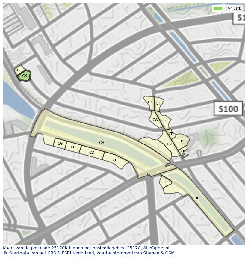 Afbeelding van het postcodegebied 2517 CK op de kaart.