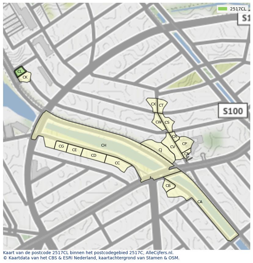 Afbeelding van het postcodegebied 2517 CL op de kaart.