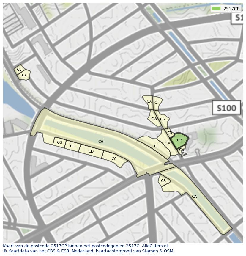 Afbeelding van het postcodegebied 2517 CP op de kaart.