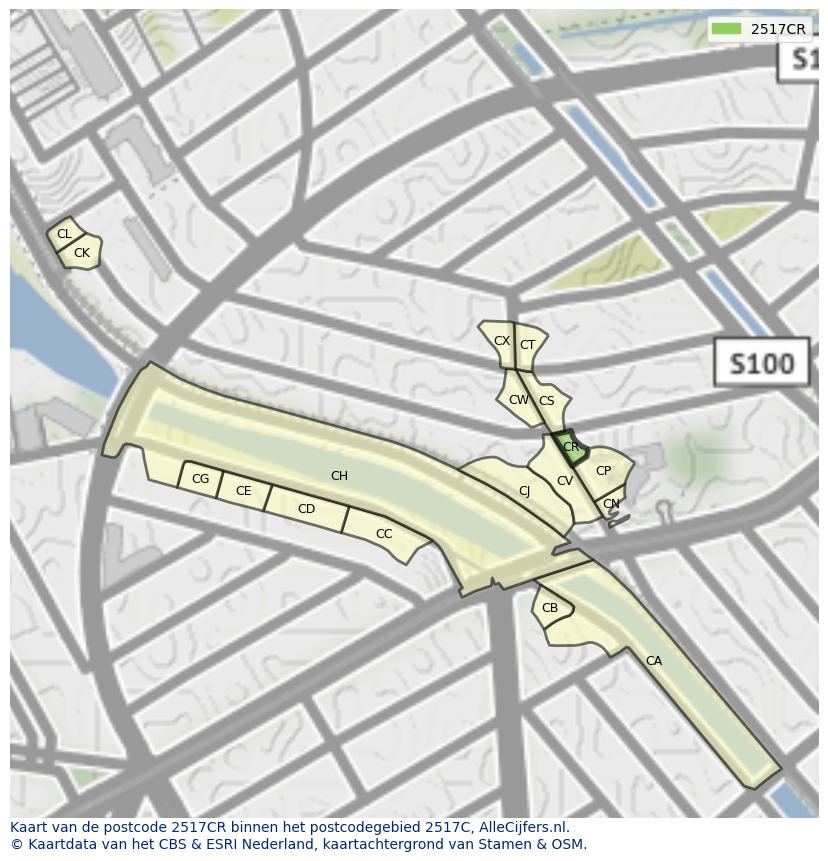 Afbeelding van het postcodegebied 2517 CR op de kaart.