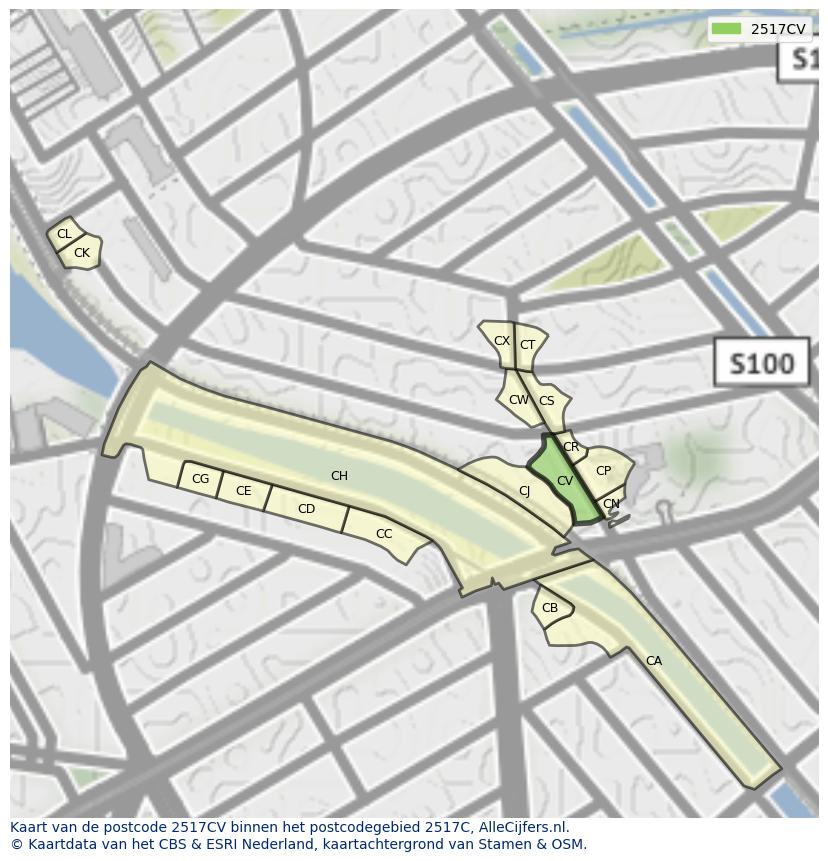 Afbeelding van het postcodegebied 2517 CV op de kaart.
