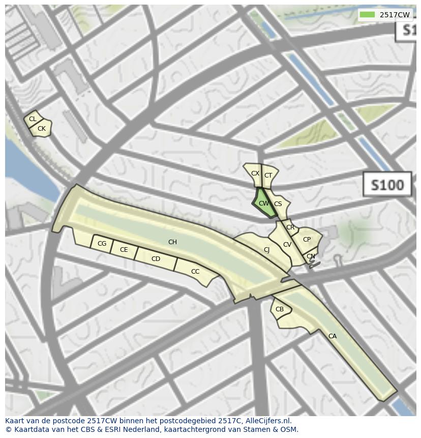 Afbeelding van het postcodegebied 2517 CW op de kaart.