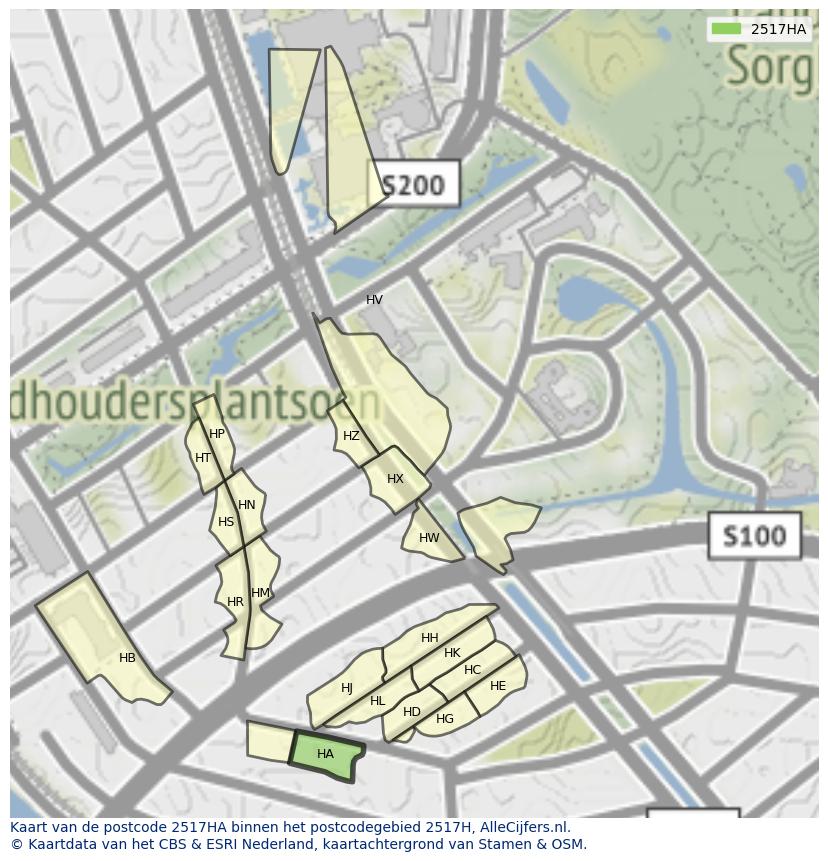 Afbeelding van het postcodegebied 2517 HA op de kaart.