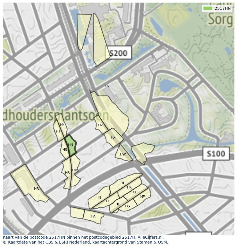 Afbeelding van het postcodegebied 2517 HN op de kaart.