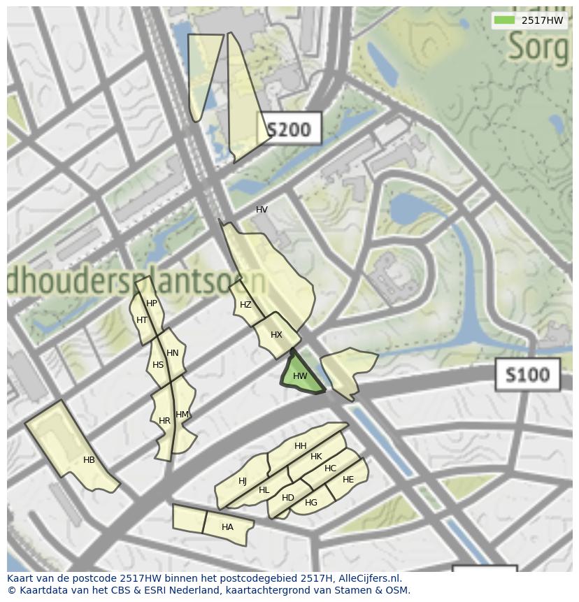 Afbeelding van het postcodegebied 2517 HW op de kaart.