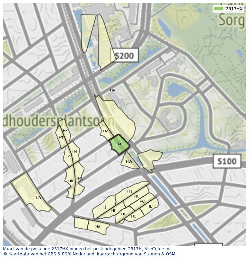 Afbeelding van het postcodegebied 2517 HX op de kaart.