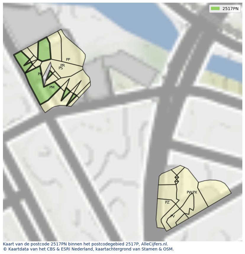 Afbeelding van het postcodegebied 2517 PN op de kaart.