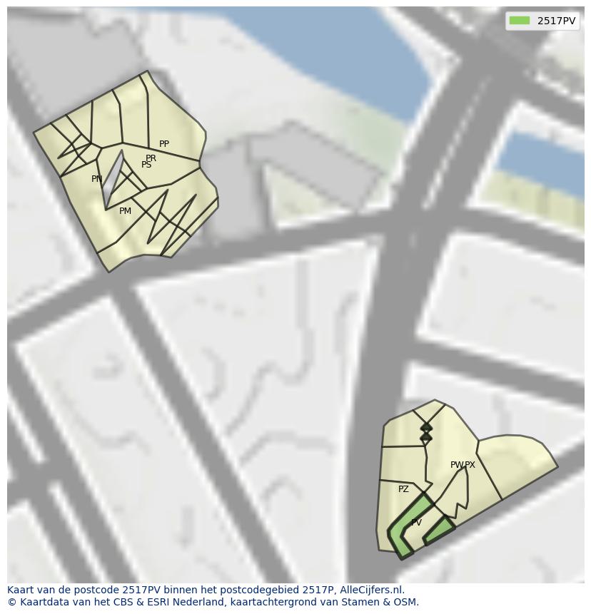 Afbeelding van het postcodegebied 2517 PV op de kaart.