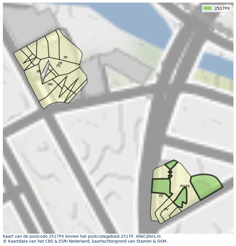 Afbeelding van het postcodegebied 2517 PX op de kaart.