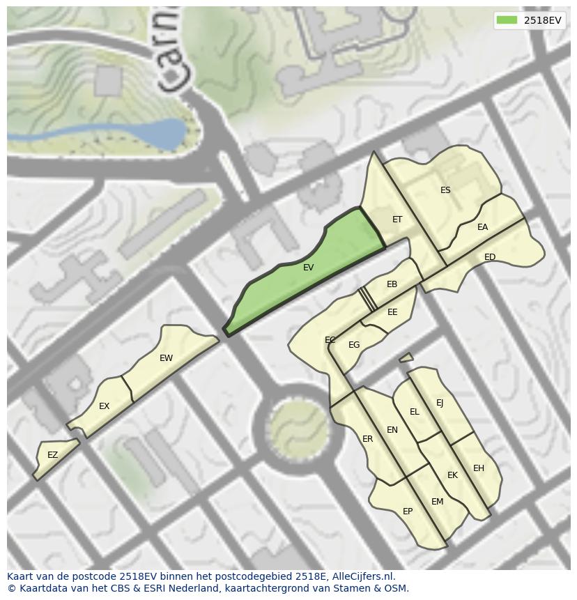 Afbeelding van het postcodegebied 2518 EV op de kaart.