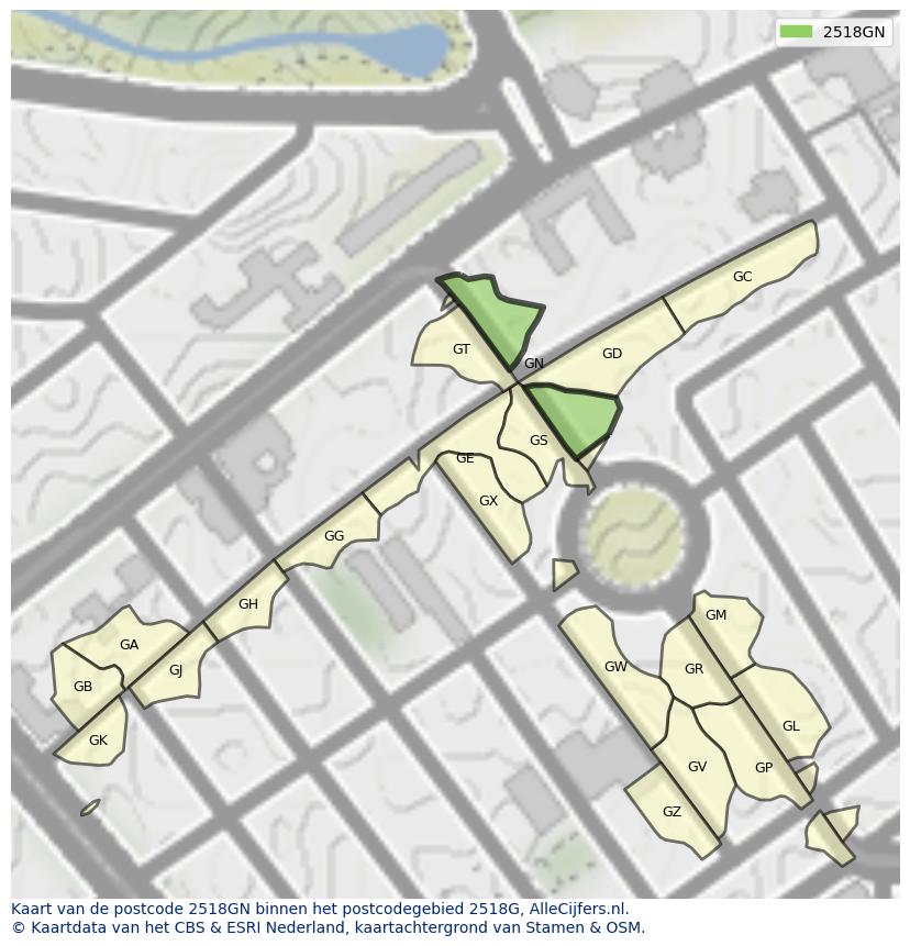 Afbeelding van het postcodegebied 2518 GN op de kaart.