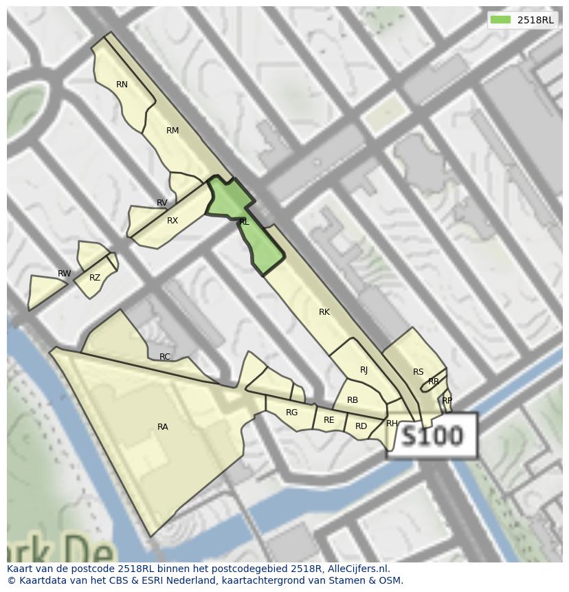 Afbeelding van het postcodegebied 2518 RL op de kaart.