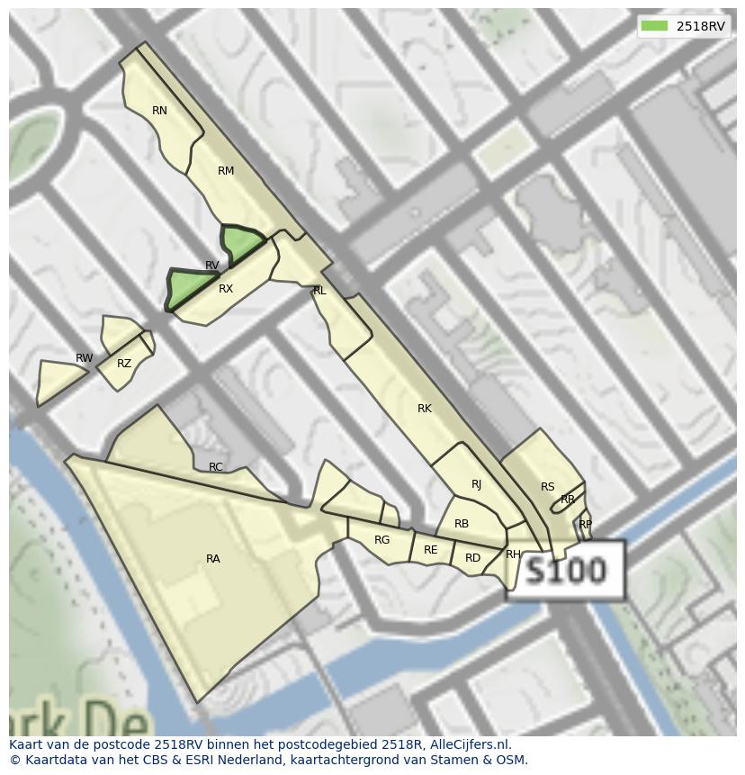 Afbeelding van het postcodegebied 2518 RV op de kaart.