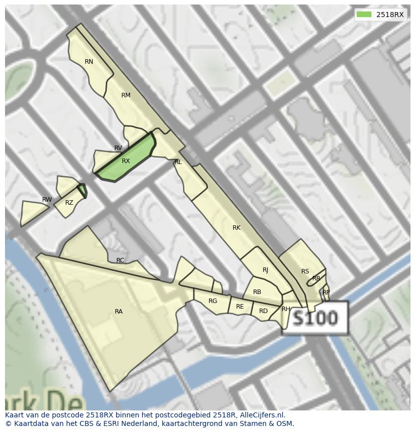 Afbeelding van het postcodegebied 2518 RX op de kaart.
