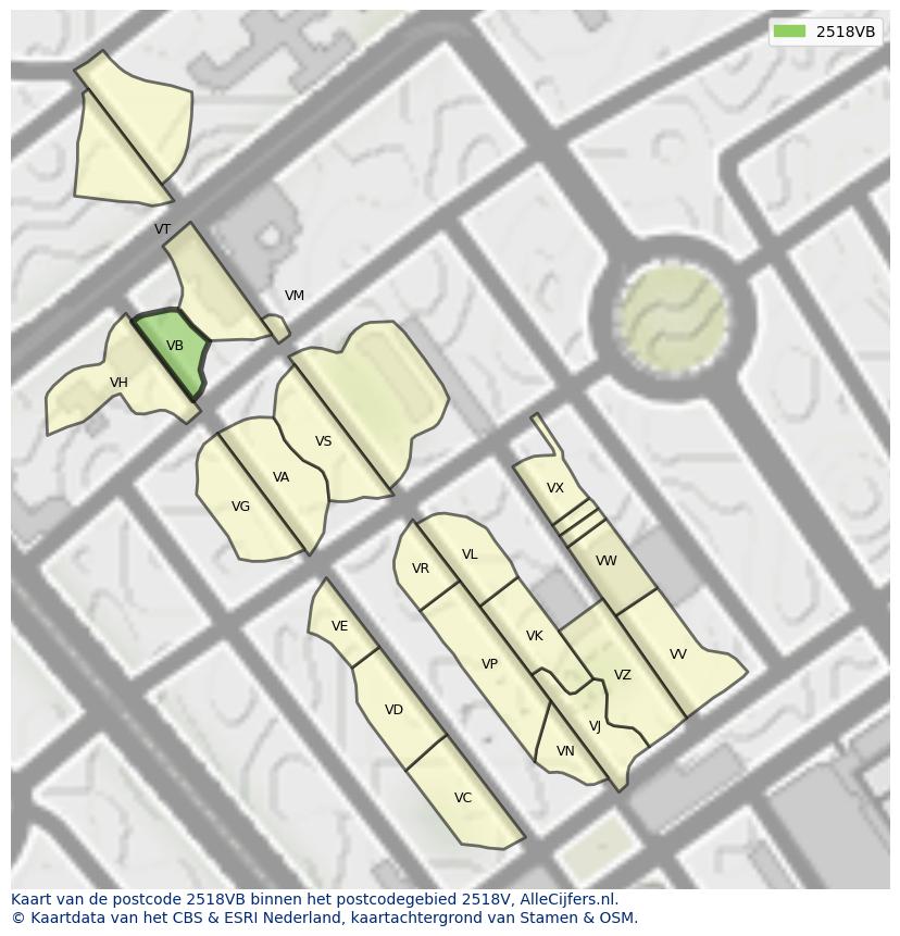Afbeelding van het postcodegebied 2518 VB op de kaart.